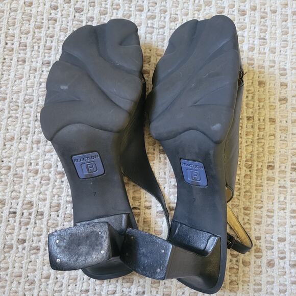 Y2K Vintage Womens 7 Black Leather Slingback Heels Chunky Sole Peep Toe - Picture 6 of 7